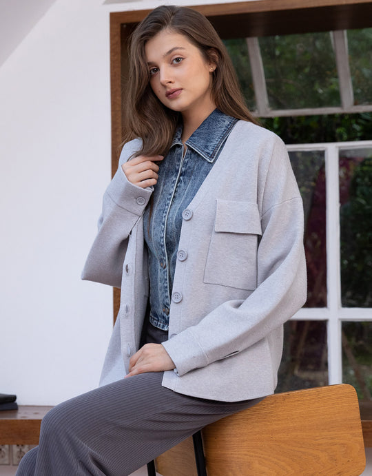 오프 숄더 V넥 가디건