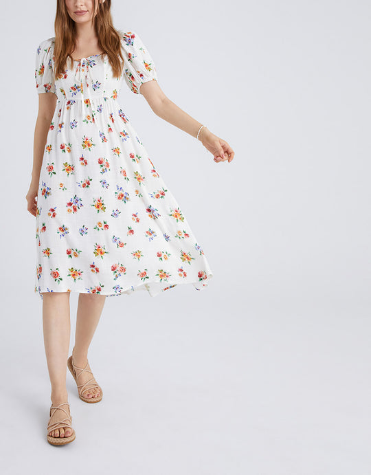 플로럴 프린트 매듭 프런트 스퀘어 넥 미디 드레스