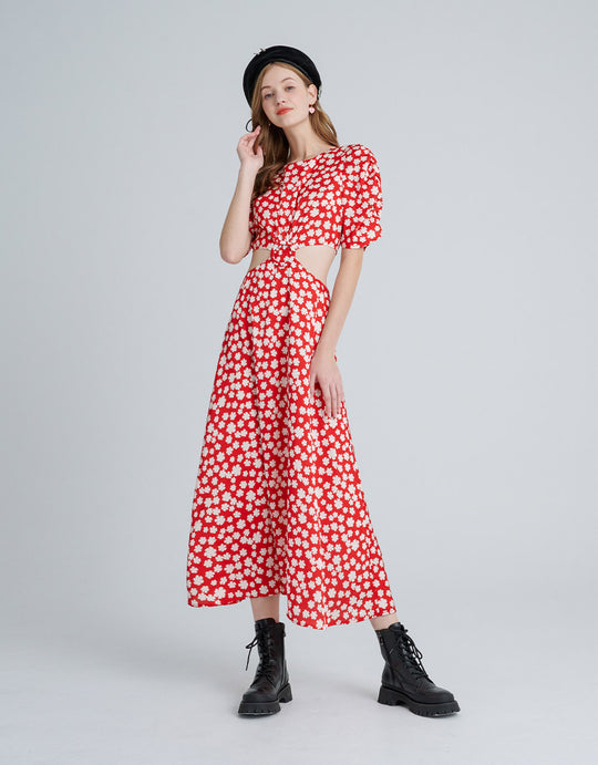 컷아웃 플로럴 프린트 맥시 드레스