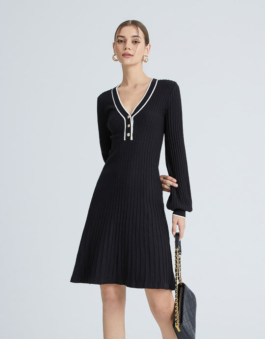 랜턴 슬리브 반버튼 니트 드레스 