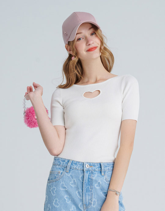 하트 컷아웃 골지 니트 탑