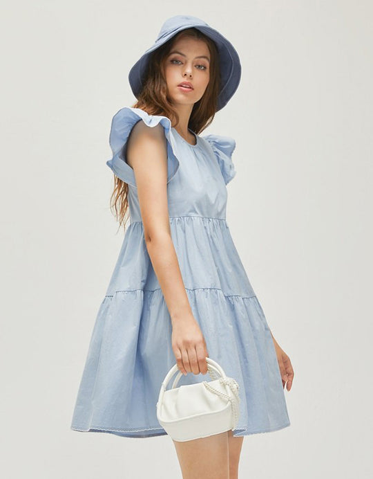 소매 프릴 크루넥 스케이터 드레스