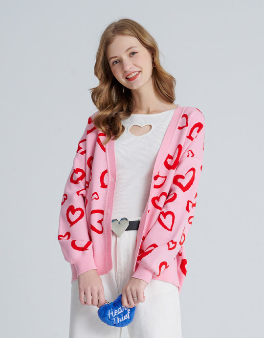 컬러믹스 V넥 하트 니트 가디건
