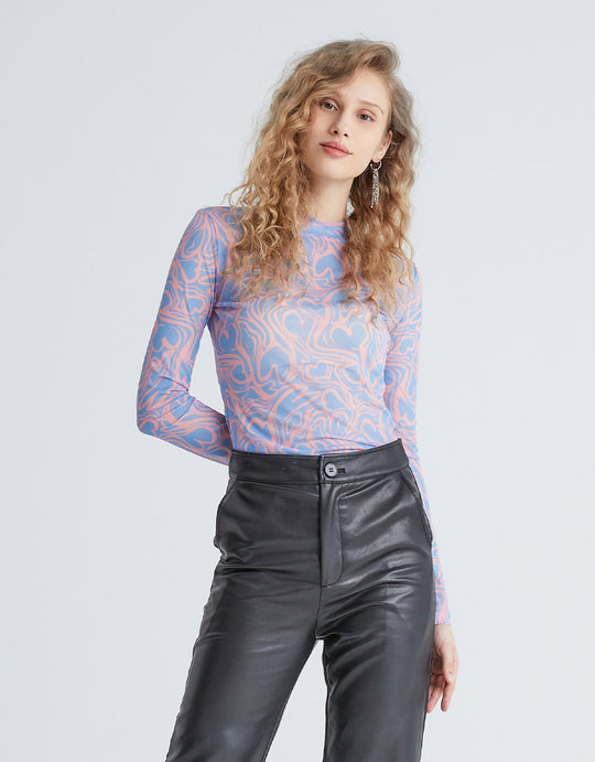 올오버 하트 프린트 쉬어 메쉬 탑