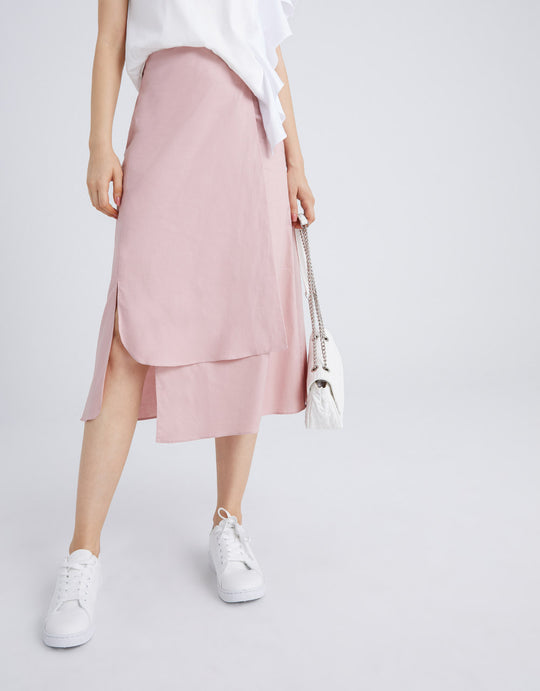 스플릿 헴 비대칭 헴 미디 스커트