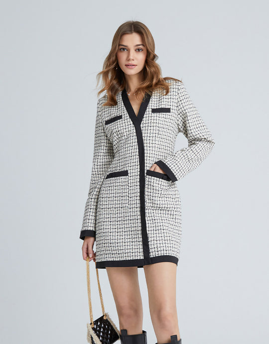 트위드 체크 콘트라스트 트리밍 드레스 