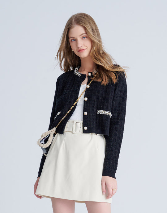 진주 포인트 트위드 니트 가디건