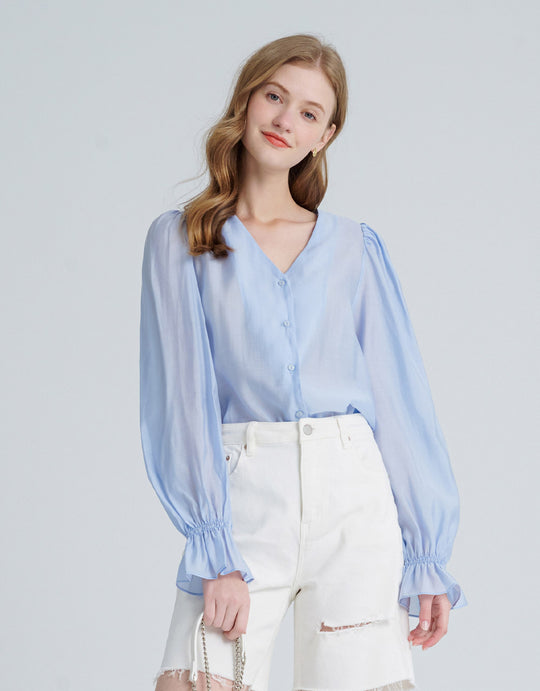 퍼프 슬리브 V넥 셔츠