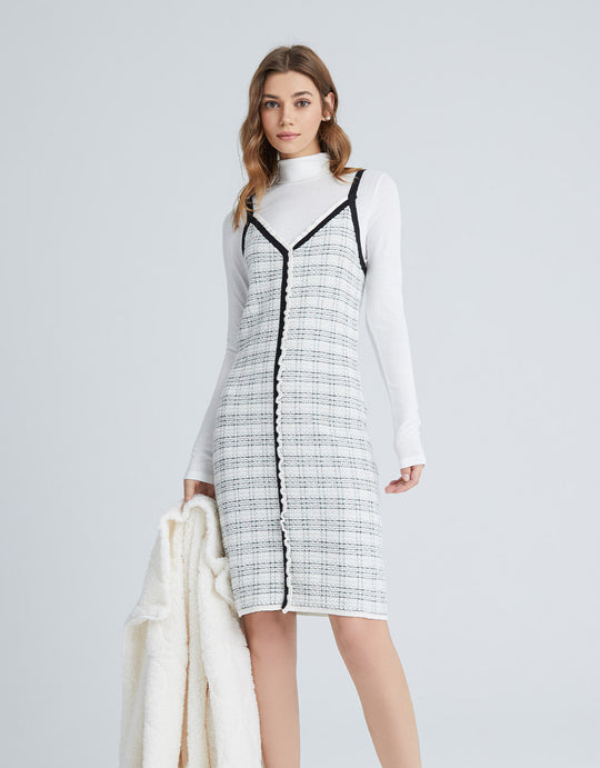 트위드 슬리브리스 V넥 니트 드레스