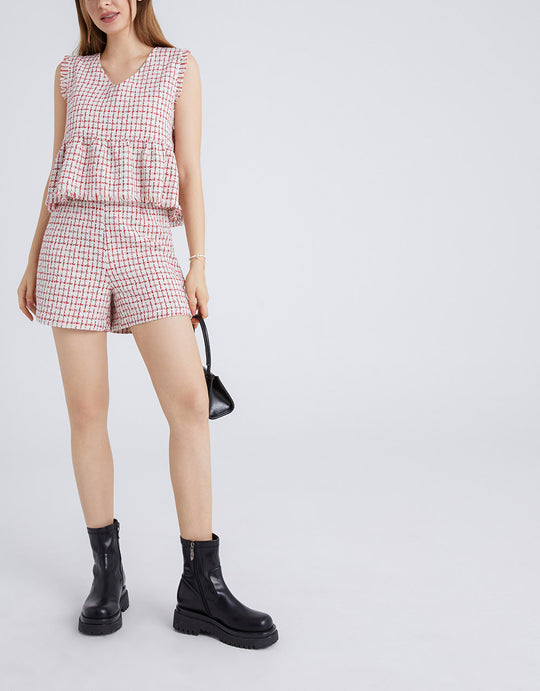 로우 트리밍 트위드 체크 슬리브리스 블라우스