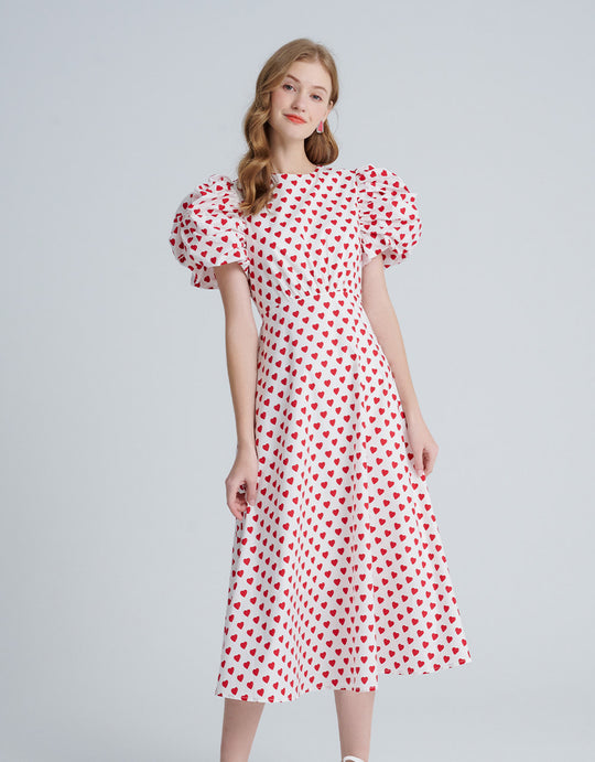 하트 컷아웃 백 올오버 프린트 스케이터 드레스 