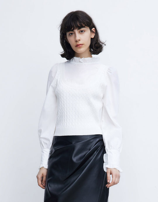 페이크 투피스  퍼프 슬리브 니트 탑