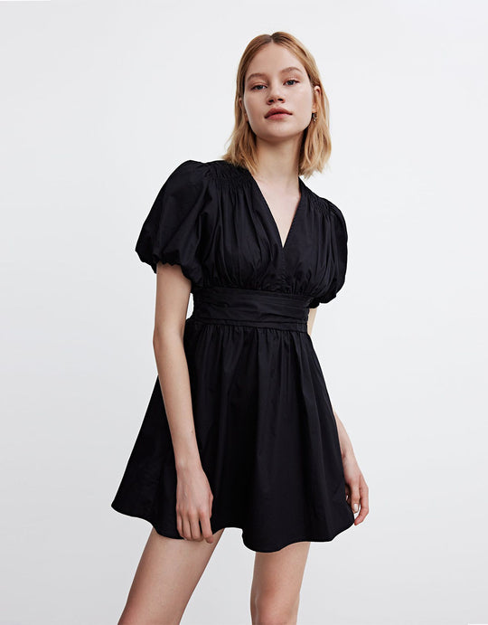 퍼프 소매 V넥 스케이터 드레스