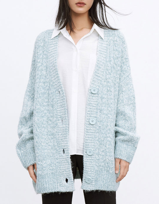 케이블 니트 V넥 카디건