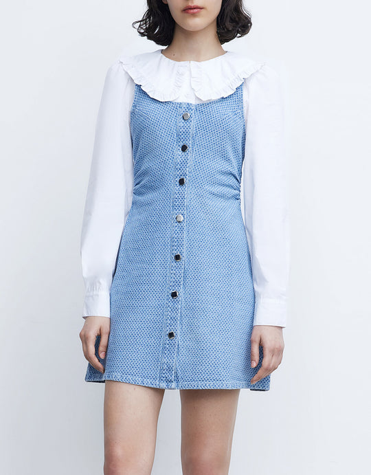버튼 프론트 퍼프 슬리브 데님 드레스