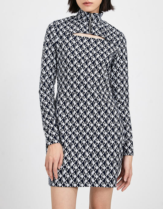 래글런 슬리브 스탠드 카라 드레스