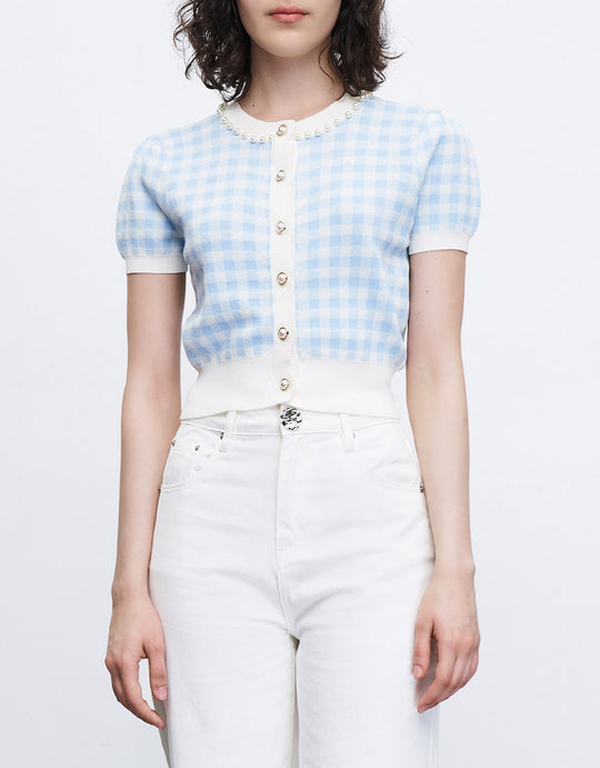 진주 버튼 퍼프 소매 반팔 가디건