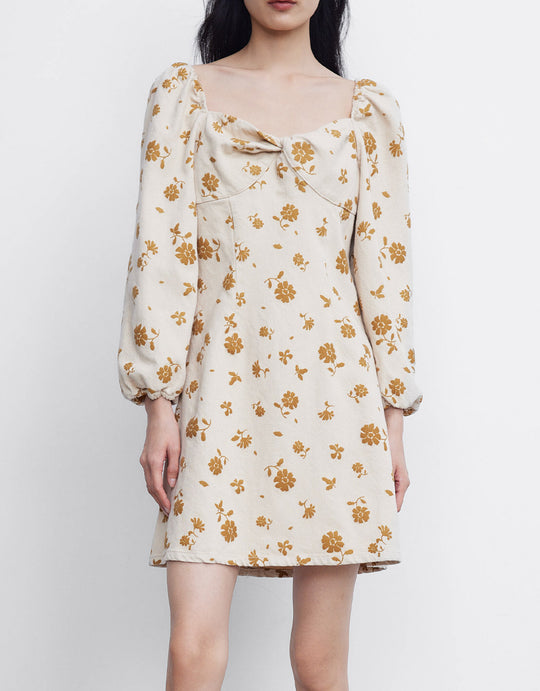 플로럴 프린트 퍼프 슬리브 데님 드레스