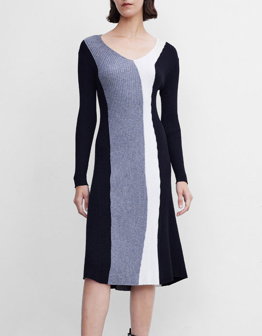 컬러블록 브이넥 미디 드레스