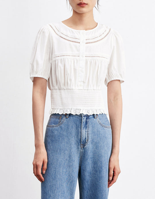 크루넥 퍼프 슬리브 블라우스