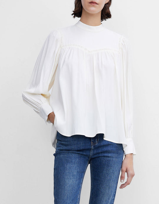 주름진 스탠드 칼라 퍼프 슬리브 블라우스