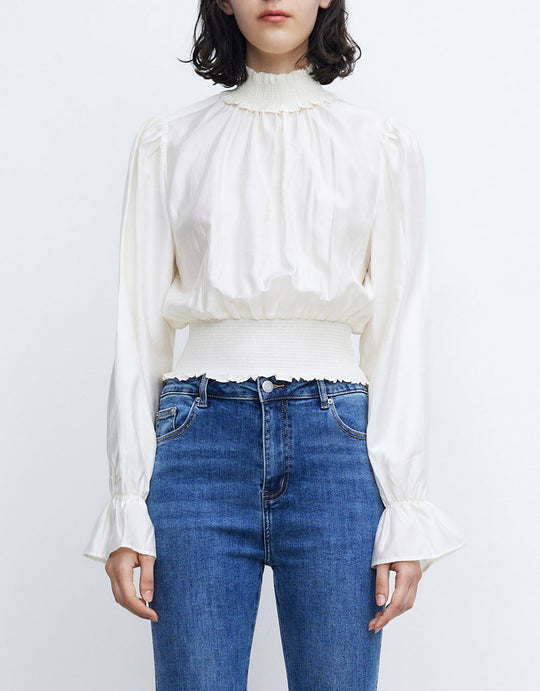 퍼프 슬리브 프릴 트리밍 셔링 웨이스트 블라우스