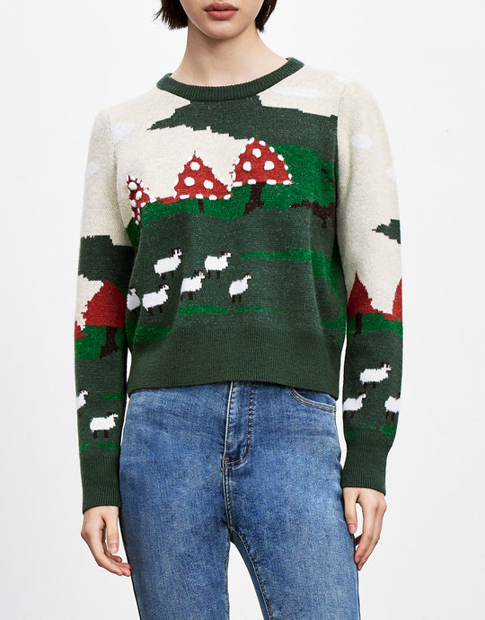 카툰 패턴 크루넥 스웨터