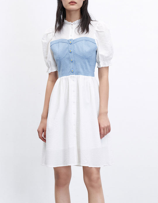 스플라이스 퍼프 슬리브 데님 드레스