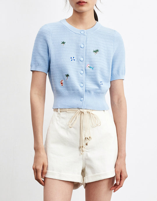 자수 포인트 반팔 가디건