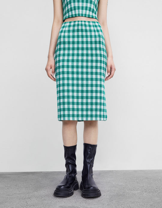 체크 미디 스트레이트 스커트