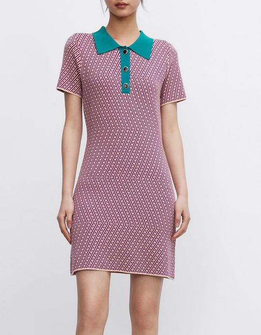 지오 패턴 대비 칼라 니트 드레스