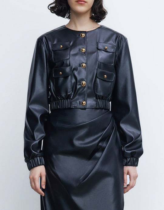 비건 가죽 플랩 포켓 엘라스틱 헴 자켓