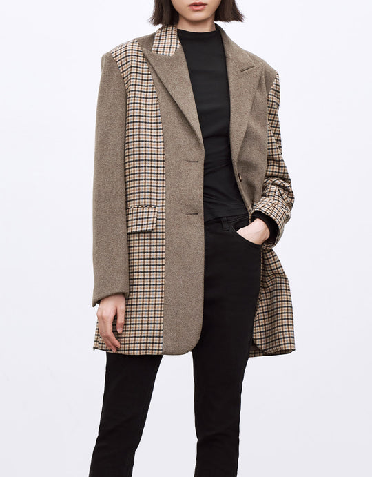 체크무늬 싱글 브레스티드 코트