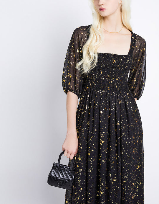 골든 스타 프린트 플리츠 바스트 드레스 