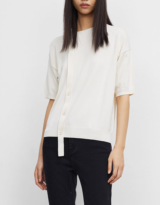 버튼 프론트 크루넥 니트 티셔츠