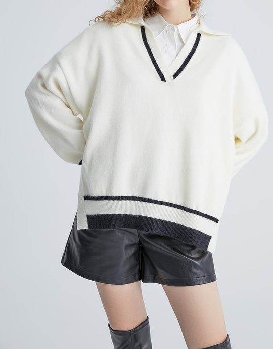 라펠 V넥 니트 티셔츠