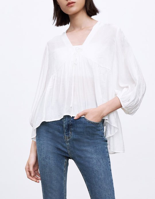 타이 프론트 랜턴 슬리브 블라우스