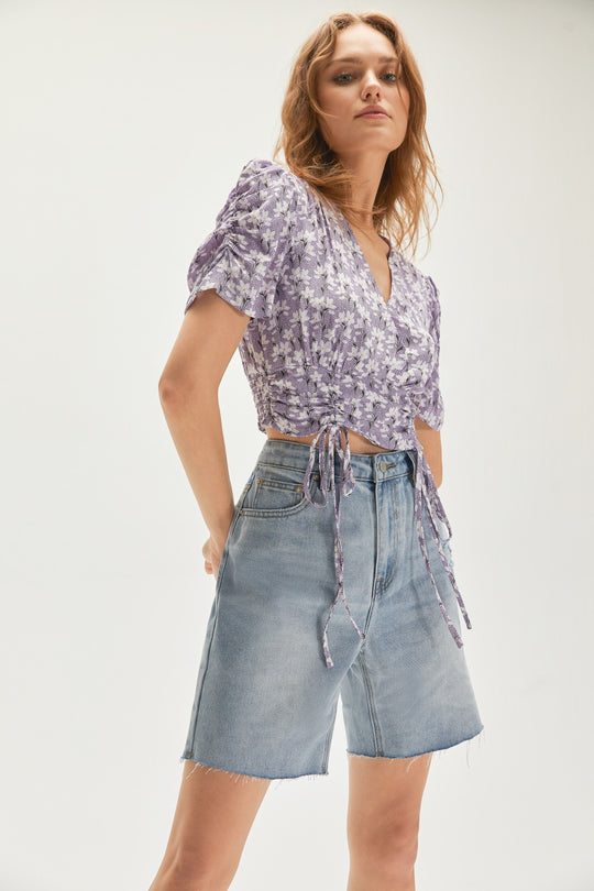 퍼프 소매 V넥 블라우스