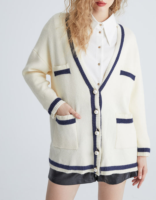 오프 숄더 V넥 가디건