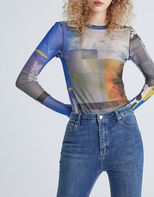 스티칭 트리밍 추상 프린트 메쉬 탑