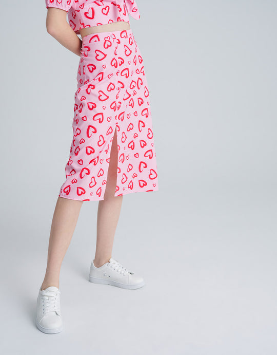 올오버 하트 프린트 스트레이트 스커트