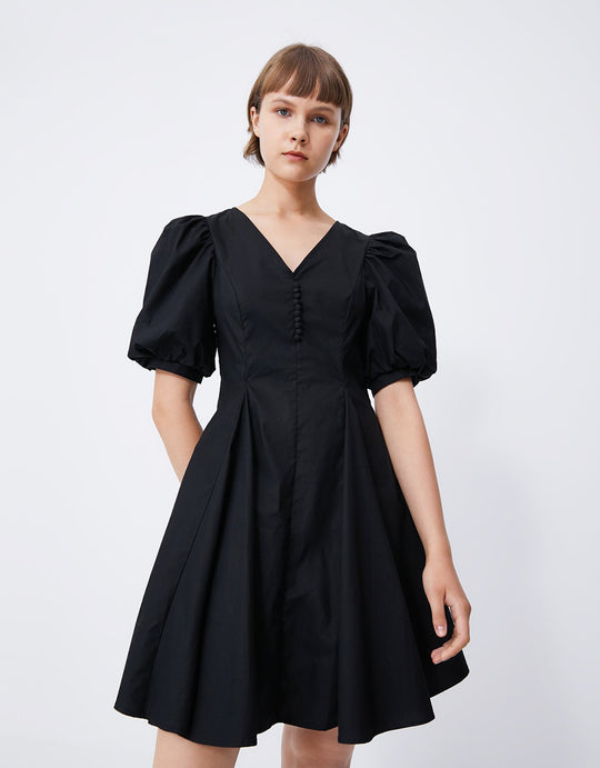 퍼프 V 넥 스케이터 드레스