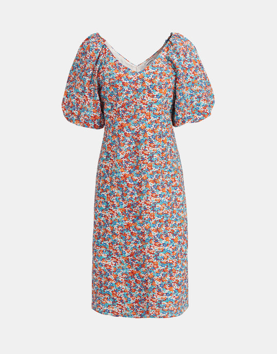 플로럴 프린트 퍼프 슬리브 미디 드레스