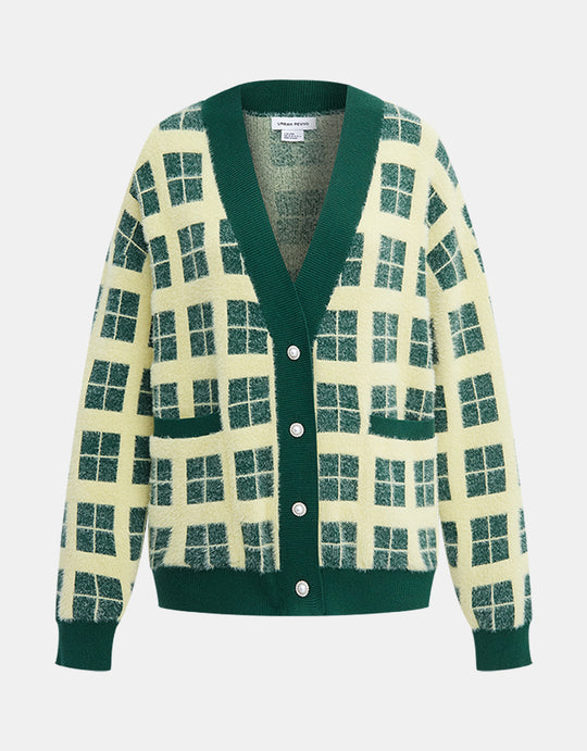 콘트라스트 트리밍 체크무늬 카디건