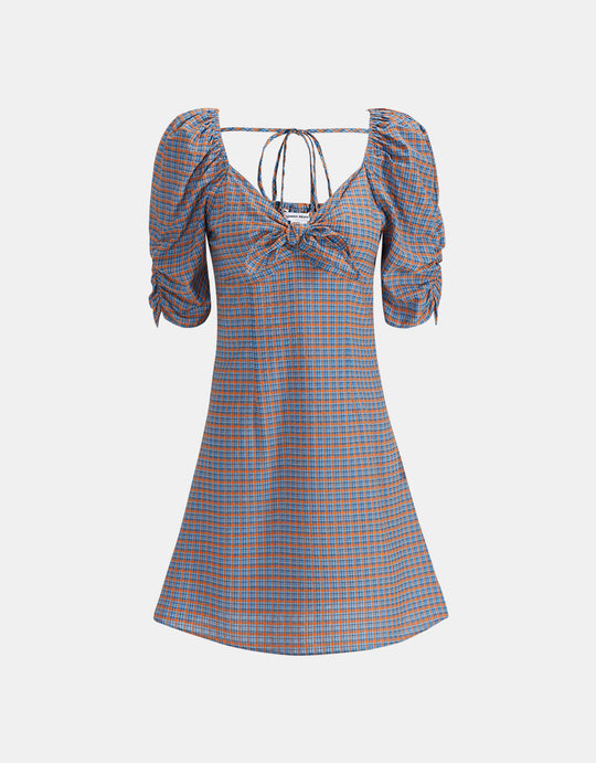 체크무늬 퍼프 슬리브 드레스