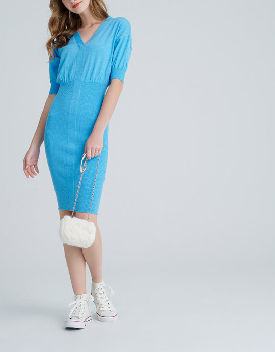 V넥  퍼프 소매 니트 드레스