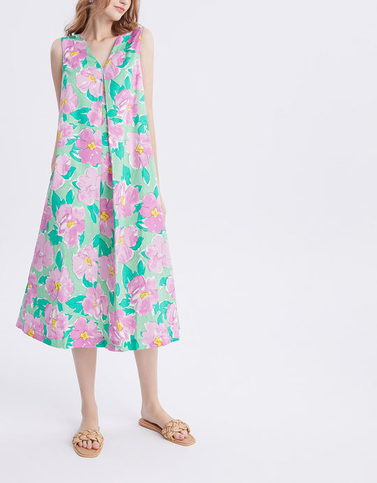 플로럴 프린트 슬리브리스 롱 드레스