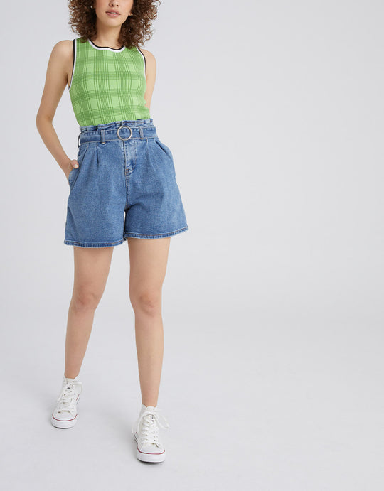 벨트 플리츠 데님 쇼츠