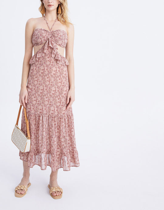 컷아웃 페이즐리 프린트 드레스