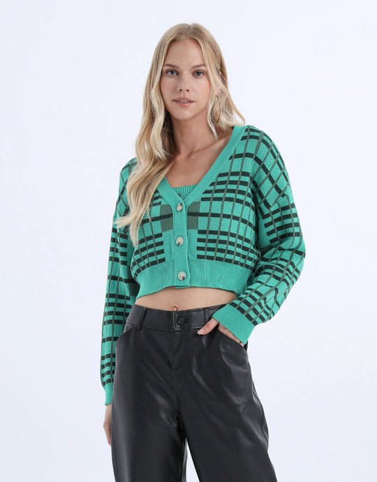 그린 체크 V넥 가디건